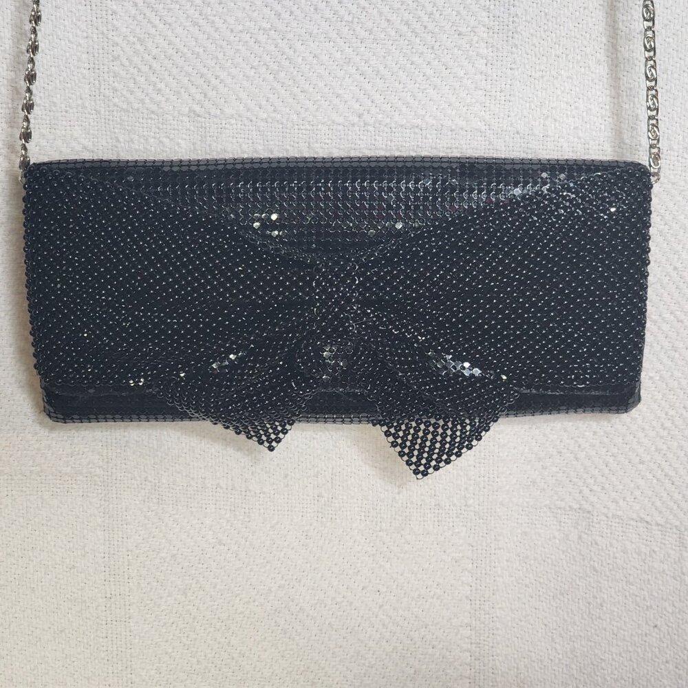 Sparkling Black Sequin Bow and Chain Mail Dress Clutch Bag Silver Shoulder Strap - Picture 6 of 16